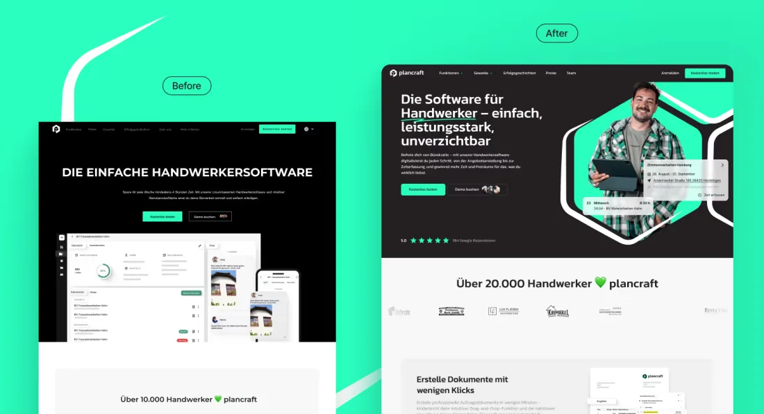 Die Website von plancraft vor und nach der Neugestaltung durch Magier